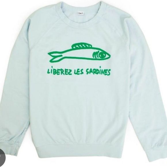 Clare V Liberez Les Sardines blue sweatshirt green writing - Picture 6 of 7
